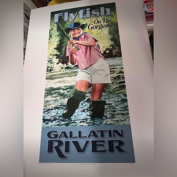 Fly Fish On The Gorgeous Gallatin River~S/N PRINTAndy Sewell Pin Up Watercolor